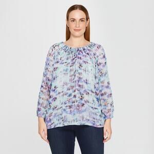 Daisy Fuentes Abstract Print Blouse – Size Large – 3/4 Sleeve – Sheer Overlay